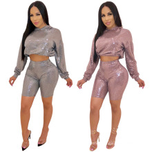 Hot-Selling 2021 Spring Shiny Sweater 2 Piece Sexy Sets Women Bodycon Shorts Long Sleeve Suits Two Pieces Women Set